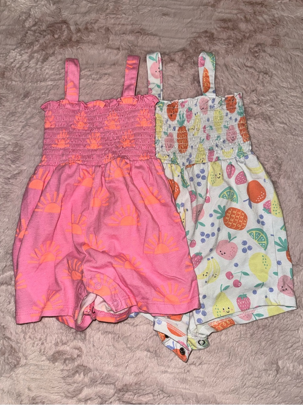 Carter's Pink Smocked Sun Romper & White Fruit Print Romper Set